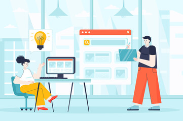 Designers concept in flat design. Employees working at office scene. Man and woman creating new product, development interface or program. Vector illustration of people characters for landing page