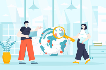 Outsourcing company concept in flat design. Remote workers in office scene. Employees work in international company, online business process. Vector illustration of people characters for landing page