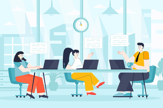 Focus Group Concept In Flat Design. Man And Women Communicate In Office Scene. Marketing Team Discuss Company Strategy, Brainstorms, Talking. Vector Illustration Of People Characters For Landing Page