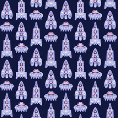 Seamless pattern with rockets in space. Lilac rockets with flowers, folkart. Suitable for children's textiles, wallpaper, gift wrapping, postcards. 