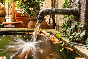 Ornamental water tap with flowing water into a concrete basin in a patio