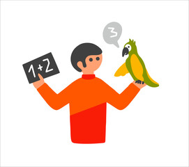 Young man with pet parrot teaching him to count and speak.
