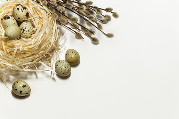 Easter white background with a nest with quail eggs and willow twigs. Happy easter.