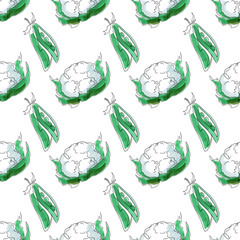 Cauliflower and green peas on a white background. Seamless pattern. Illustration by markers. Fresh vegetables