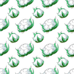 Cauliflower on a white background. Seamless pattern. Illustration by markers. Fresh vegetables