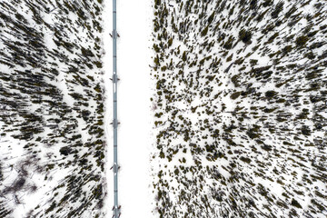 Aerial view of the Alyeska Pipeline near Willow Creek, Alaska during the winter.
