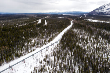 Aerial view of the Alyeska Pipeline near Willow Creek, Alaska during the winter.