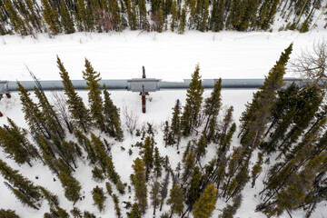 Aerial view of the Alyeska Pipeline near Willow Creek, Alaska during the winter.