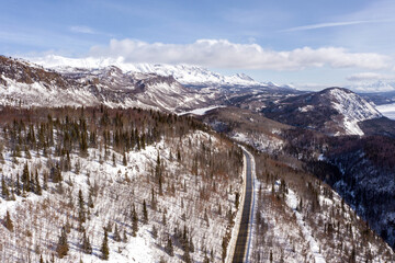 Aerial view of the Glen Highway near Chickaloon, Alaska during the winter.
