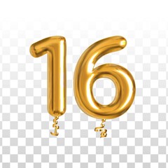 Vector realistic isolated golden balloon number of 16 for invitation decoration on the transparent background. - obrazy, fototapety, plakaty