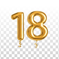 Vector realistic isolated golden balloon number of 18 for invitation decoration on the transparent background. - obrazy, fototapety, plakaty