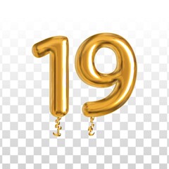 Vector realistic isolated golden balloon number of 19 for invitation decoration on the transparent background. - obrazy, fototapety, plakaty