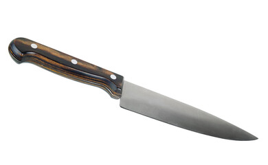 A chefs knife with wooden handle isolated on a white background