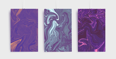 Trendy cover design with liquid background. Marble vector texture set