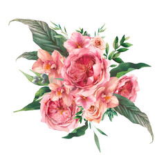 Watercolor bouquet of pink flowers. Hand painted botanical illustration with eucalyptus leaves, roses flowers, fern branches isolated on white background. Floral artwork