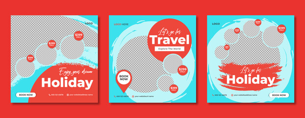 Travelling & tourism social media post template design. Summer holiday tour offer marketing web banner for online business. Travel agency sale promotion flyer & poster with logo & graphic background.