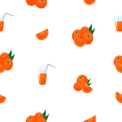 Oranges and a glass with juice. Pattern with white background