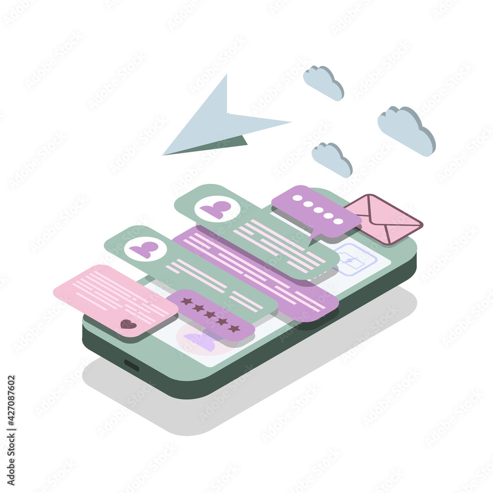 Poster isometric concept with mobile phone and chat. chatting sending and receiving messages and sms. onlin