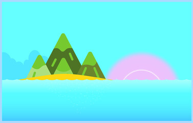 The ocean surface wave is seamless. Underwater cartoon liquid drawing river and sea vector background. Yellow sand and mountains. Pink sunset or sunrise.