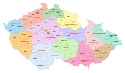 Carte de République Tchèque avec représentation des régions et districts - Libellés des divisions administratives en tchèque - Textes vectorisés et non vectorisés sur calques séparés