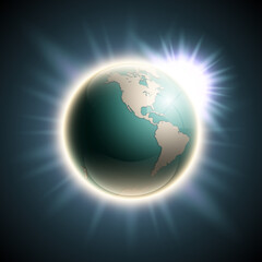 world map with the rising sun. Globe icon in the space sunlight. Planet Earth on sunny glow background view from space. Continents world Sunshine picture. Colorful poster presentation