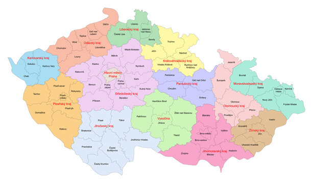 Carte de R&eacute;publique Tch&egrave;que avec repr&eacute;sentation des r&eacute;gions et districts - Libell&eacute;s des divisions administratives en tch&egrave;que - Textes vectoris&eacute;s et non vectoris&eacute;s sur calques s&eacute;par&eacute;s