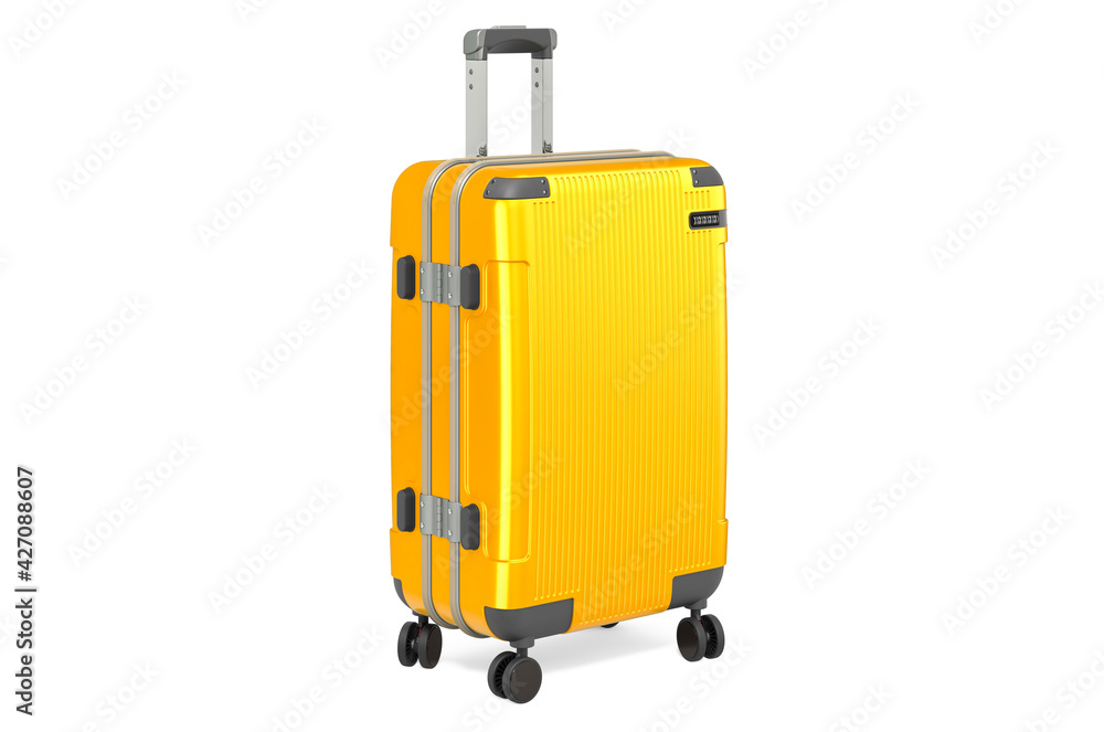 Poster golden hardside luggage with spinner wheels and telescoping handle. 3d rendering