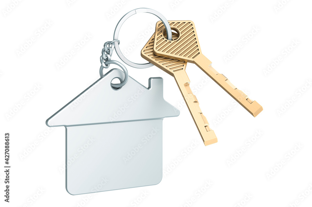 Poster home key with keychain, 3d rendering