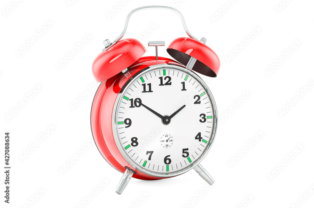 Poster red alarm clock, front view. 3d rendering