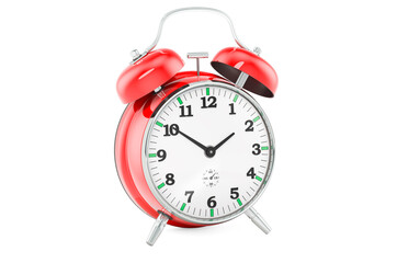 Red alarm clock, front view. 3D rendering