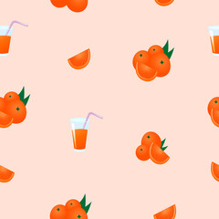 Vector pattern of oranges and a glass with juice. Pattern with pink background