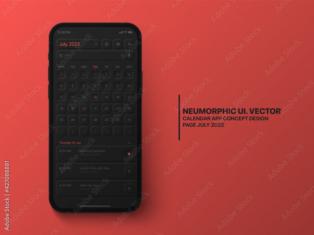 Wall mural vector calendar mobile app july 2022 conceptual ui neumorphic design dark mode on photorealistic mob