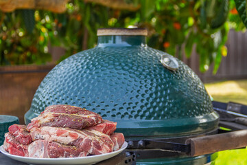 Raw meat in a plate, cut into pieces, seasoned and ready to grill, outdoors, against the backdrop...