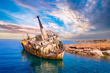 Abandoned ship off coast of Cyprus. Rusty ship next to Paphos beach. Abandoned ship in mediterranean sea. Paphos city guide. Remains of vessel in Cyprus. Excursions along Cyprus coast.