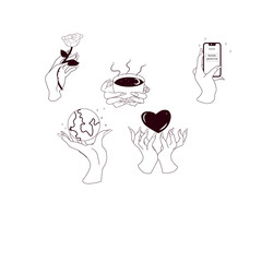 Womens hands holding different items. Heart in hands icon. The world is in her hand.