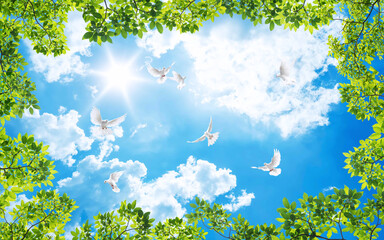 green leaves and doves in the sky