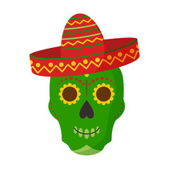 Skull in hat sombrero, vector mexican icon isolated on white background. Cartoon illustration