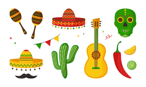 Cinco de Mayo vector celebration, mexican icon set, collection design elements. Guitar, maraca, peppers, mustache, skull, citrus, sombrero, cactus and decoration. Cartoon illustration
