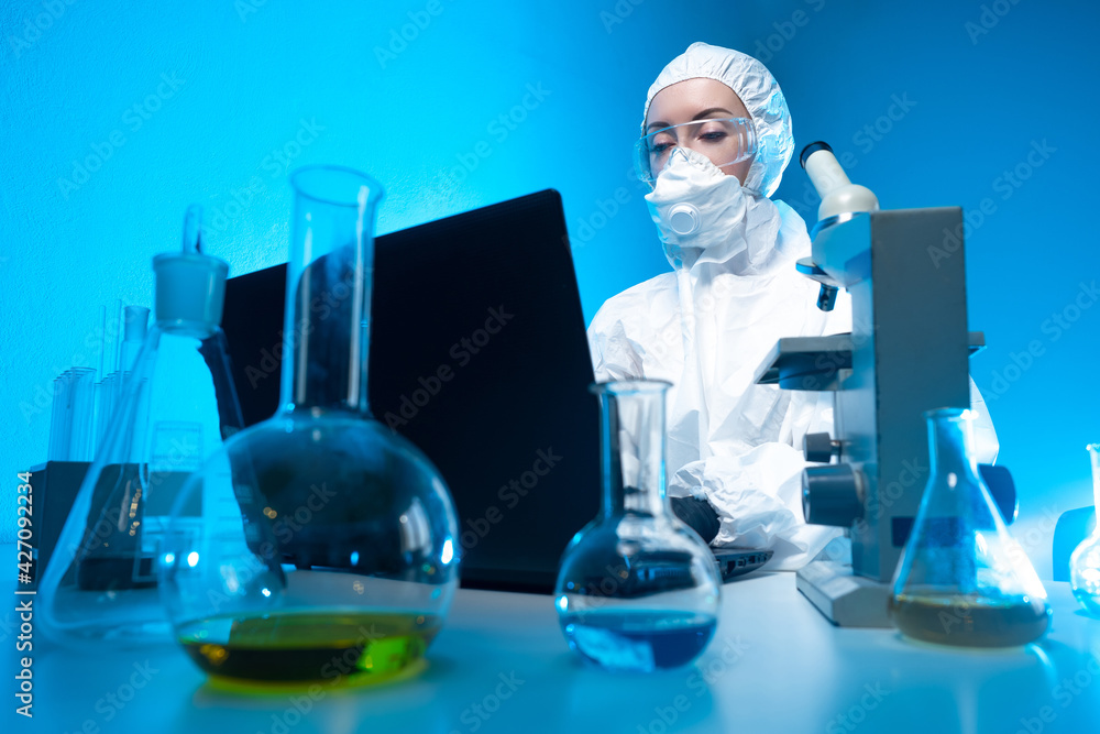 Poster laboratory assistant in dangerous laboratory. it works with viruses or volatile substances. employee