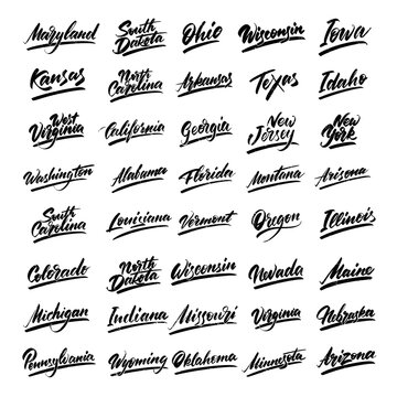 Set of lettering names of the states of America. Handwritten English font. Vector illustration.