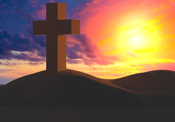 Christian cross. Concept is a place of worship for Catholics and Orthodox. Orthodox crescent on the background of sunset. Orthodox cross on sand dunes. It symbolizes Christian landmarks.
