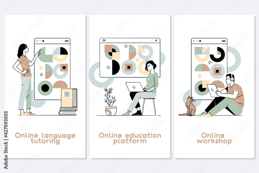 Poster flat design concept of online education, training and courses, learning, video tutorials.distance we