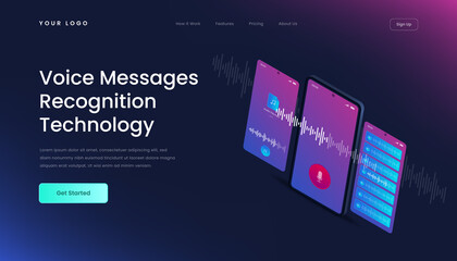 Template voice messages recognition landing page. Mobile application for recording sound, dictate messages and speech. Landing page with 3d isometric illustration gradient.