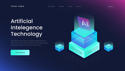 Template artificial intelligence landing page gradient 3d isometric vector illustration