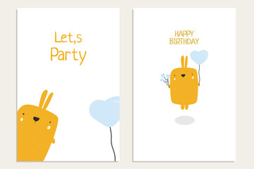 Anniversary card layout. Festive banner design. Set of greeting cards, holiday covers, posters. Trendy design with typography, hand painted bunny. Contemporary art minimalistic style.