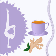 Ginger root, tea cup, yoga, female figure, handstand, measuring tape - vector. Medicinal plant. Beauty and health. Slimming drink