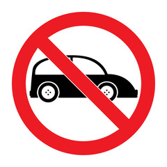 No trespassing sign with black car vector graphic.  Prohibition road sign with black auto isolated on white.