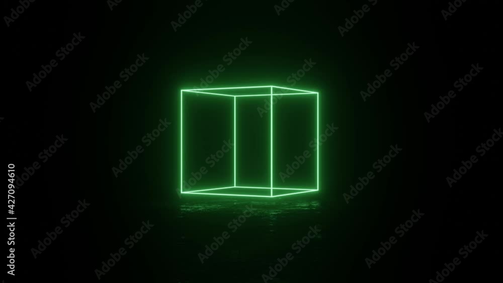 Aufkleber cube with green neon edges spins and hovers over a dark surface. simple seamless motion graphic anim