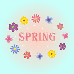 Design with spring logo. Vector with flowers on turquoise background
