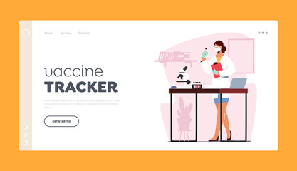 Vaccine Tracker Landing Page Template. Doctor Character Working in Medical Laboratory Examining Blood Test for Covid